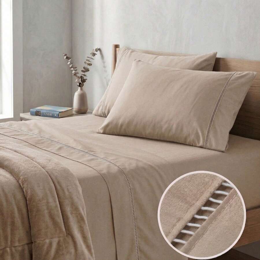 400 Thread Count 3-Piece Bedding Set With Fitted Sheet And Pillowcases, Soft Touch, Everyday Comfort, Single, Full, Queen, King - Khaki - View 1