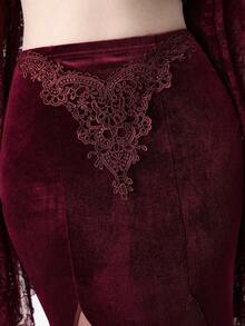 ROMWE EDITION Women's Vintage Palace Romantic Gothic Velvet Contrast Lace Skirt - 勃根地 - 查看 9