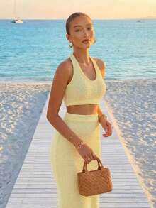 Damen Y2K Gelbes Boho Sexy 2 Stücke Set, tiefer V-Ausschnitt Schnürung Camisole + hoch taillierter Bodycon Rock, geeignet für Sommer Strand und Urlaub - Gelb - Übersicht 7
