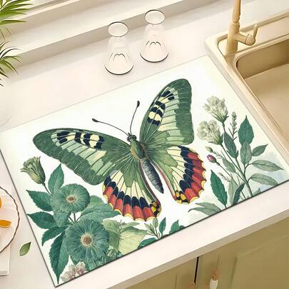 1 tấm lót thấm hút in hình bướm dùng để phơi bát đĩa, tấm lót thấm hút cho máy pha cà phê espresso, tấm lót cống bồn rửa, tấm lót vòi nước êm ái, tấm lót cốc bồn rửa, phụ kiện nhà bếp và phòng tắm.