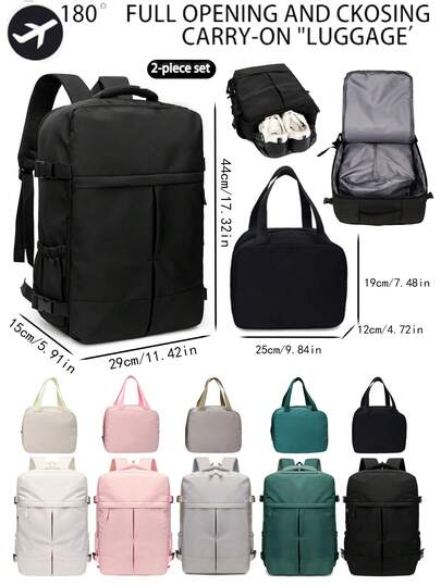 1 Set Multi-Color Solid Nylon 180° Full Open Large Capacity Shoe Compartment Multi-Pocket Zipper Closure Carry-On Travel Backpack Set With Storage Bag For Air Travel & Vacation