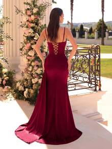 ADYCE Robe de soirée à col en V profond avec bretelles spaghetti, design à fente haute, taille haute dos nu, style à lacets, convient pour le bal de promo, le dîner de gala ou divers événements, peut être utilisée comme robe maxi de fête, robe d'invitée de mariage, robe de soirée, robe du Nouvel An, etc. Printemps - Rouge foncé - Voir 2