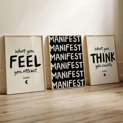 1/3 piezas Lienzo impreso con cita motivacional de tipografía en beige y negro|Decoración moderna de afirmación positiva para dormitorio, sala de estar u oficina, póster de cita motivacional mínima, regalo para ella, sin marco