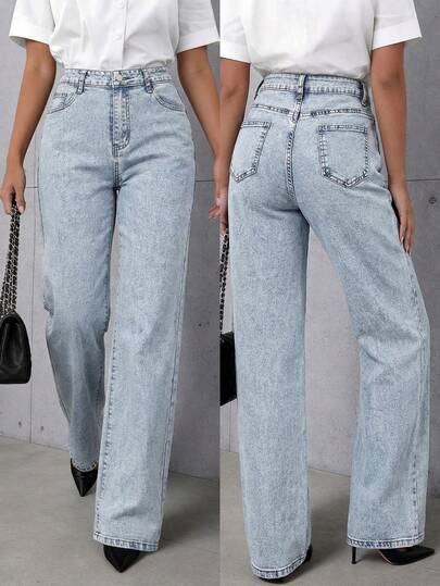 Quần jeans nữ ống đứng dáng casual có túi, chất liệu denim xanh nhạt, vải co giãn, kiểu dáng thanh lịch tối giản, phù hợp cho đi làm hàng ngày, 54% cotton, mềm mại và thoải mái cho mùa xuân.