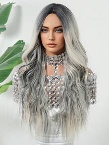 Perruque synthétique longue et ondulée de 26 pouces, dégradé de racines foncées à gris, raie au milieu, aspect naturel, résistante à la chaleur, convient pour un usage quotidien, les fêtes et le cosplay. Fibre de haute qualité résistante à la chaleur, couleur dégradé grise, style long et ondulé classique, ligne de cheveux réaliste, ajustement confortable, perruque synthétique longue et ondulée avec raie au milieu, apparence naturelle, perruque résistante à la chaleur pour un usage quotidien, les fêtes et le cosplay pour les femmes - Mettre en surbrillance le gris - Voir 5