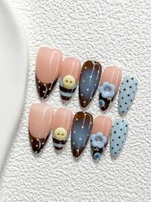 10Pcs Retro Sweet Style Handmade Nail Art Set,Unghie Press On,Buttons,Stripes, Dots,Dark Brown And Blue Nail Polish,Includes Nail Tools,3 Sizes Available,Almond Nails , Duck Nails,Coffin Nails For Party, Dance, Daily Wear. - 彩色 - 查看 3