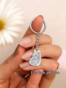 Móc khóa tranh vẽ theo yêu cầu dành cho trẻ em, móc khóa tròn bằng thép không gỉ, quà tặng nghệ thuật cá nhân hóa cho gia đình và trẻ em, quà tặng Ngày của Cha cho bố. - Bạc - Khắc Laser - Xem 2