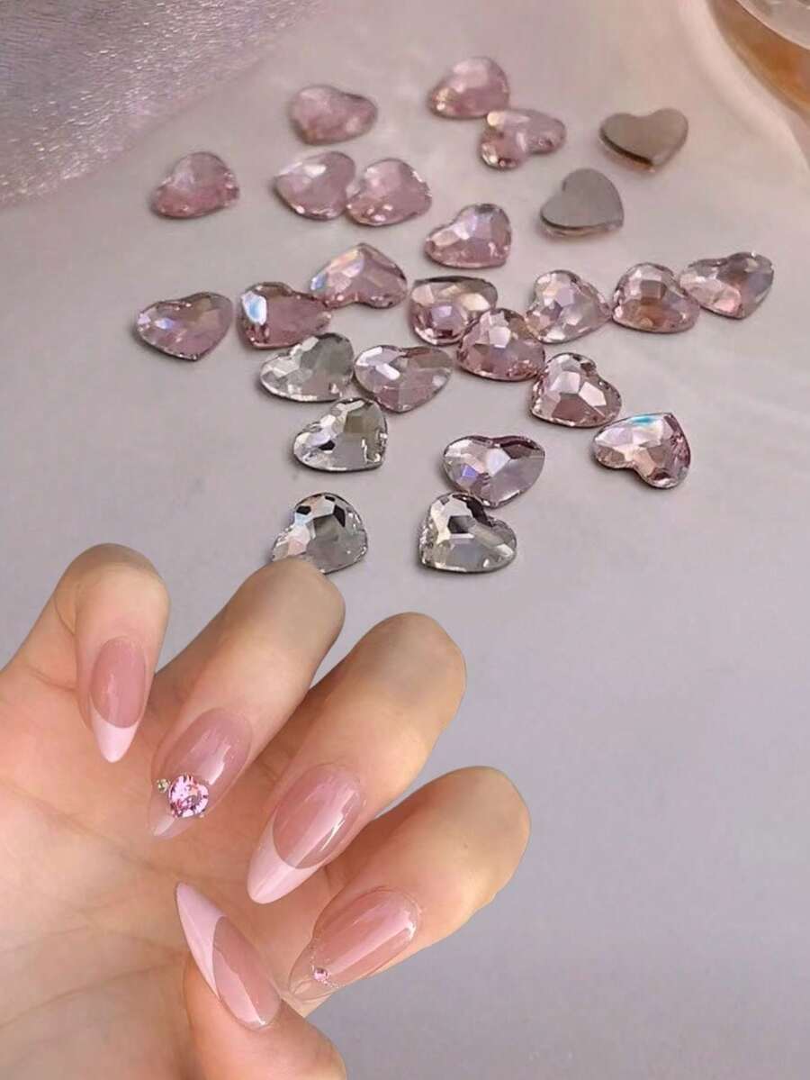 20pcs Mini Flat Heart Rhinestones, 6mm Pink & White Heart Nail Art Decorations, Nail Accessories For DIY Nail Design, Suitable For Nail Salons - Multicolor - View 1