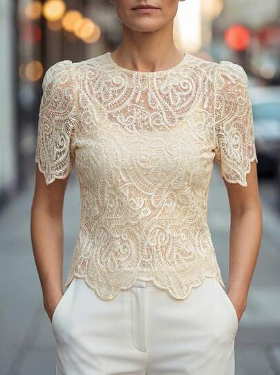 Elegaris Amyenjoylife 女士优雅短袖蕾丝泡泡袖镂空衬衫T恤，米色上衣，开斋节服装，夏季开斋节