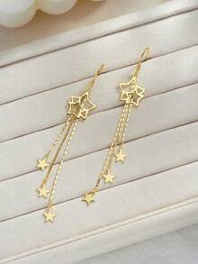 1对2件套精美925纯银三链长星形耳环，18K镀金垂坠流苏星形耳环，母亲节礼物 - 金黃色 - 查看 5