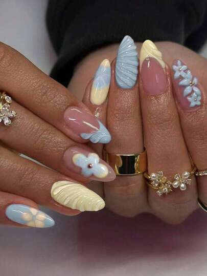 Bộ móng giả 3D bằng nhựa màu xanh và vàng kiểu Pháp thời Y2K dễ thương, 24 chiếc hình hạnh nhân dài vừa, có keo dán, phù hợp cho các quý cô công sở, sử dụng hàng ngày, hẹn hò, tiệc trà chiều.