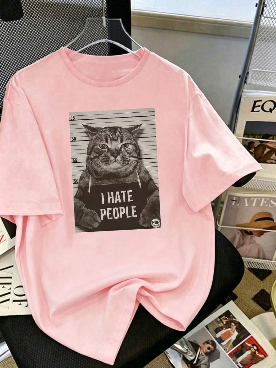 Áo thun nữ tay ngắn cổ tròn in hình mèo ngộ nghĩnh, kiểu dáng thường ngày, màu hồng, thích hợp mặc mùa hè. - Hồng - Xem 1