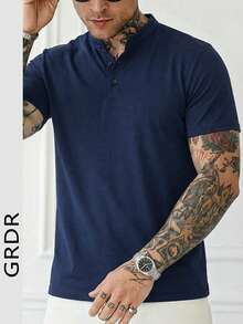 男士新款简约休闲亨利领短袖T恤，夏季 - 藏蓝色 - 查看 2