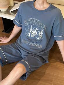 两件套藏蓝色休闲短袖短裤睡衣套装，适合夏季穿着 - 藏蓝色 - 查看 2