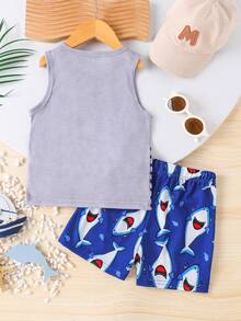 2 Stücke/Set Jungen Sommer Hai Digital Muster Weste Outfit, lässiges Urlaubs-Reise Kühlwesten Set - Grau - Übersicht 2