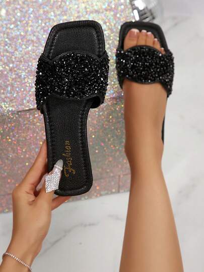 2026新款水钻蝴蝶结方头平底凉鞋，PU皮革水钻，加大码43码女式凉鞋，搭配连衣裙可拉长腿部线条，时尚纯色套脚凉鞋，夏季沙滩拖鞋，防滑室内/室外拖鞋，42码