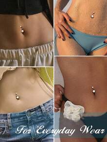 1pc Rhinestone Circular Navel Piercing, With 2 Gems On Top And Bottom, Basic Women's Piercing Jewelry For Daily Wear And Special Occasions - Silver - View 2