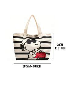 Versatile Casual Tote Bag, White Base With Black Stripes, Cute Cartoon Print, Canvas Material, Large Capacity, Portable Design, Suitable For Daily Use, Leisure, Shopping, Commuting, Cartoon Enthusiasts, Young Women, Students, Office Workers, Also A Thoughtful Gift For Friends/Loved Ones - Black - View 4