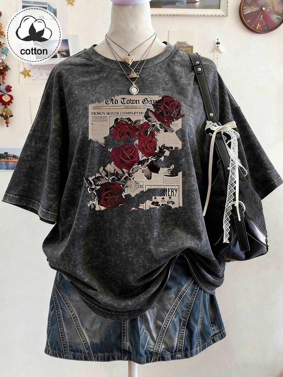 Plus Size Summer Casual Rose Newspaper Print T-Shirt Black - Black - View 1