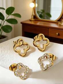 2 pares de brincos de aço inoxidável elegantes com trevo de quatro folhas vazado, perfeitos para o dia a dia, encontros com amigos ou para ir ao trabalho. Ótima opção de presente para mulheres em datas comemorativas. - Ouro amarelo - Ver 10