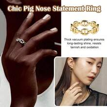 Vintage Inspired Marine Link Finger Rings For Women, Luxury Aesthetic Hollowed Pig Nose Design Adjustable Band, Y2K  Streetwear Style Jewelry, Glamorous High Polish Finish Ring For Work Or Vacation, Versatile Fashion Accessory For Daily Wear, Party, Dating, Travel, Office, Home, Gift For Mom Girl Friend - 金色 - 查看 9