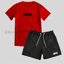 "Mauricinho" Outfit Set: 100% Cotton T-Shirt And Tactel Shorts. Immediate Shipping. - RED + BLACK BERMUDA SHORTS - View 1