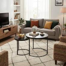 Juego de Mesa de Centro Nesting 2 Mesas Auxiliares Redondas Estructura de Metal Resistente con Tapa con Aspecto de Mármol Diseño Minimalista para Espacios Pequeños Salón Apartamento Negro - como en la imagen - Ver 8