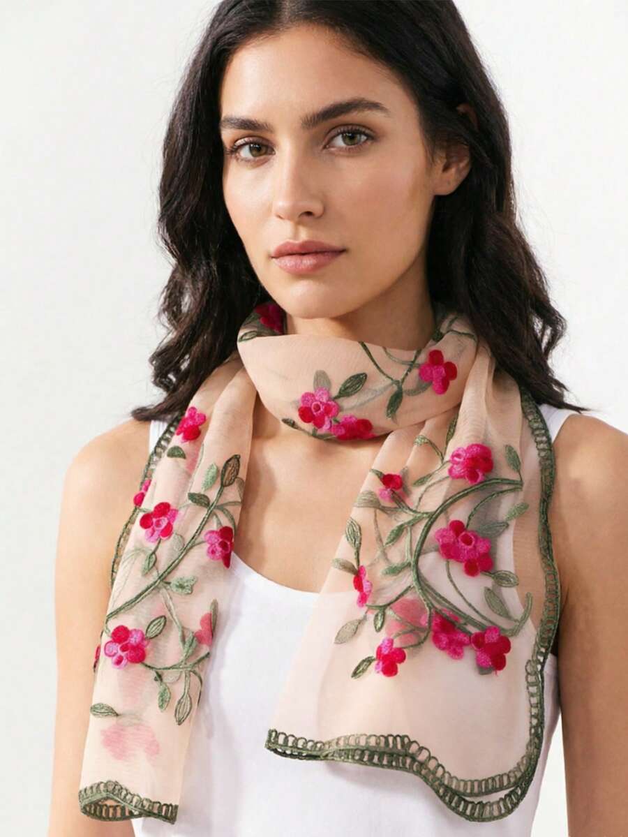 1pc Spring New Embroidered Women's Scarf, Breathable Shawl Headscarf - Multicolor - View 1