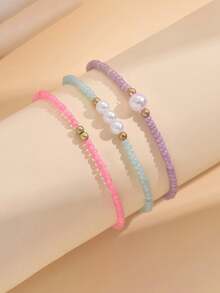 3pcs Fashion Summer Pearl & Seed Bead Bohemian Style Anklet, Minimalist Creative Versatile Bracelet For Beach Vacation (Bead Colors Randomly Assorted) - Multicolor - View 2
