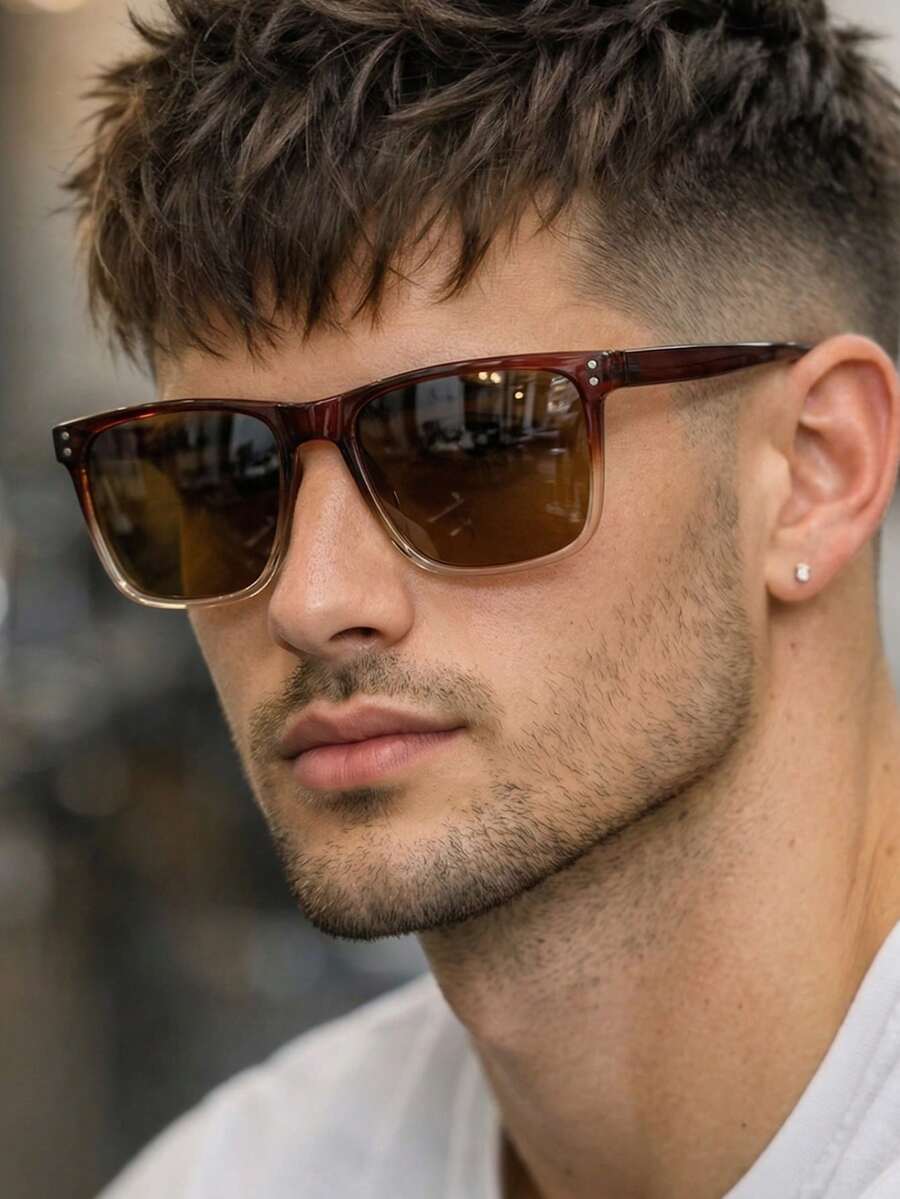 1副男士渐变色方形镜框PC复古大框时尚眼镜 - 漸進茶 - 查看 1