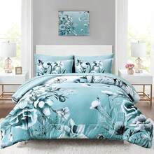 7 Pieces Floral Yellow/Aqua/Navy Blue Floral Comforter Set Queen King Bed In A Bag Botanical Floral Comforter Soft Soft Microfiber Complete Bedding Sets For Fall And Wedding Items,Valentines Day Home Bed Room Decor,Easter Gifts,Mothers Day Gift,All Season - Aqua01 - 查看 1