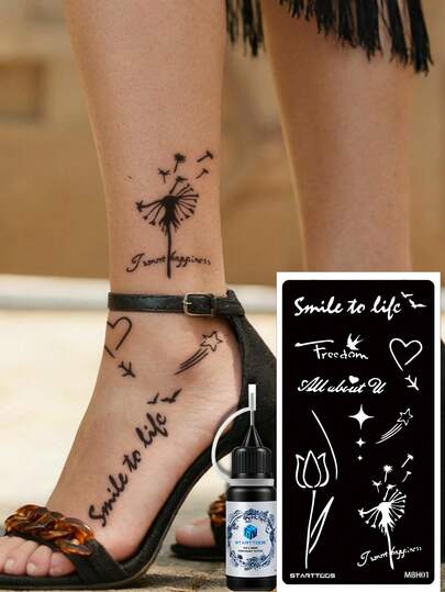 STARTTOOS Modèle de tatouage temporaire minimaliste + Teinture pour tatouage, Motif de fleur de pissenlit et d'oiseau pour nail art - Design floral sexy, convient pour les mains, peinture DIY, encre, autocollants de conception de mandala réutilisables, convient pour le maquillage de fête du corps des femmes