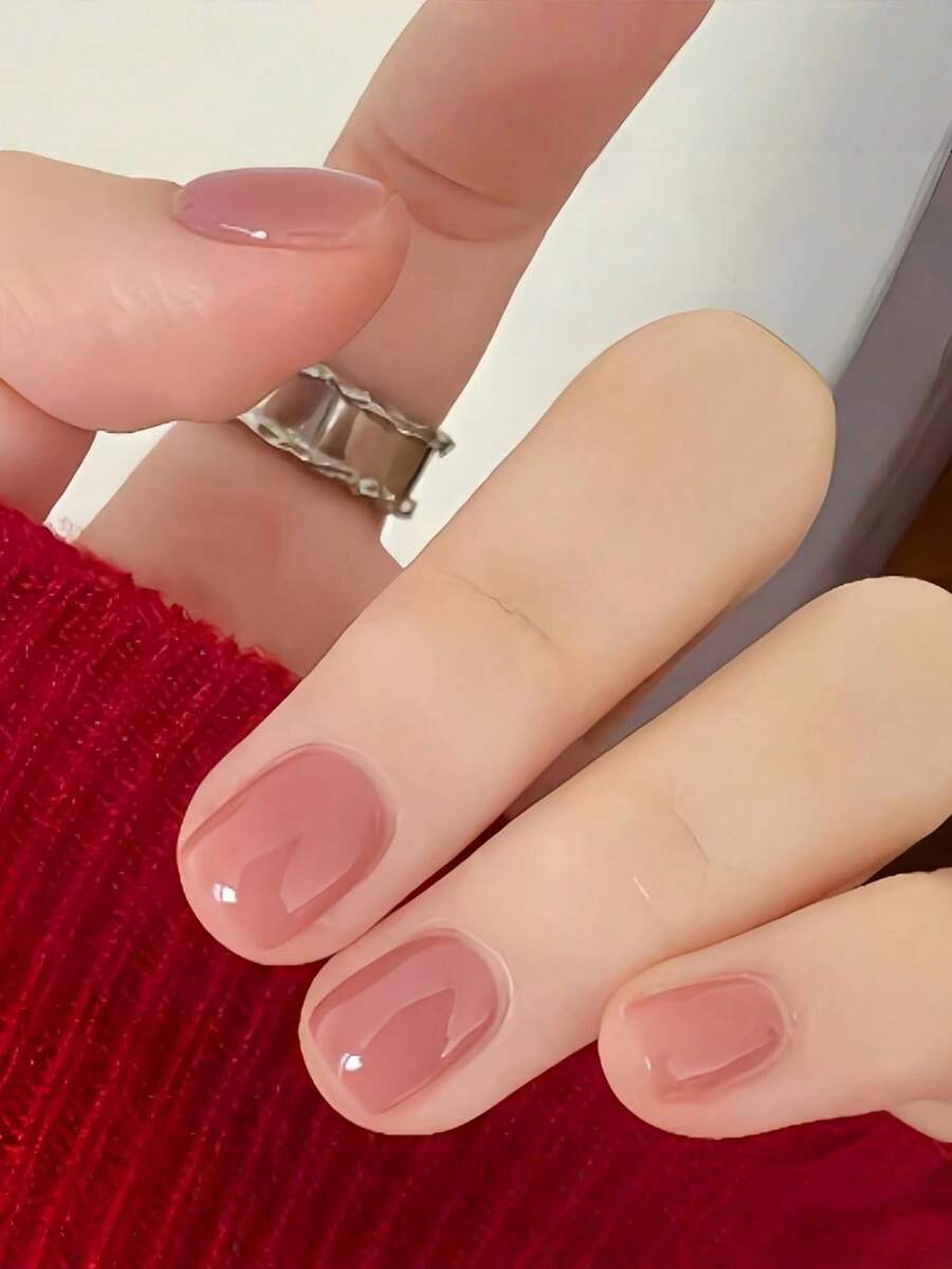 24pcs Reusable Smooth Round Acrylic Nail Stickers, Jelly Gel Nail Wraps, Nude Pink Color, Short Square Shape, Spring/Summer Nail Art Supplies Press On Nails