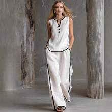 Women's 2026 Spring/Summer New Button Sleeveless Fashion Casual Two-Piece Suit - trắng - Xem 7