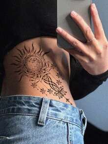 1pc Waterproof Temporary Tattoo, Sexy Geometric, Moon & Sun Patterns, Lasts 3-5 Days, Suitable For Men & Women To Cover Scars On Chest, Waist, Arms, Thighs Or Back, Great For Parties, Gifts, Vacations, Easy To Apply & Remove One-Time Body Art Tattoo Sticker,Spine Tattoo - Black - View 2