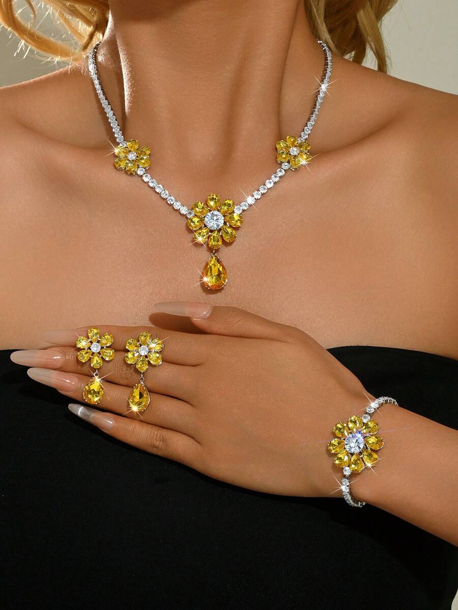 Bộ 4 dây chuyền pha lê lấp lánh hình hoa thời trang dành cho cô dâu, bộ trang sức thanh lịch phù hợp cho đám cưới, tiệc tối sang trọng và những buổi dạ hội cao cấp. - 4 cái - Xem 1