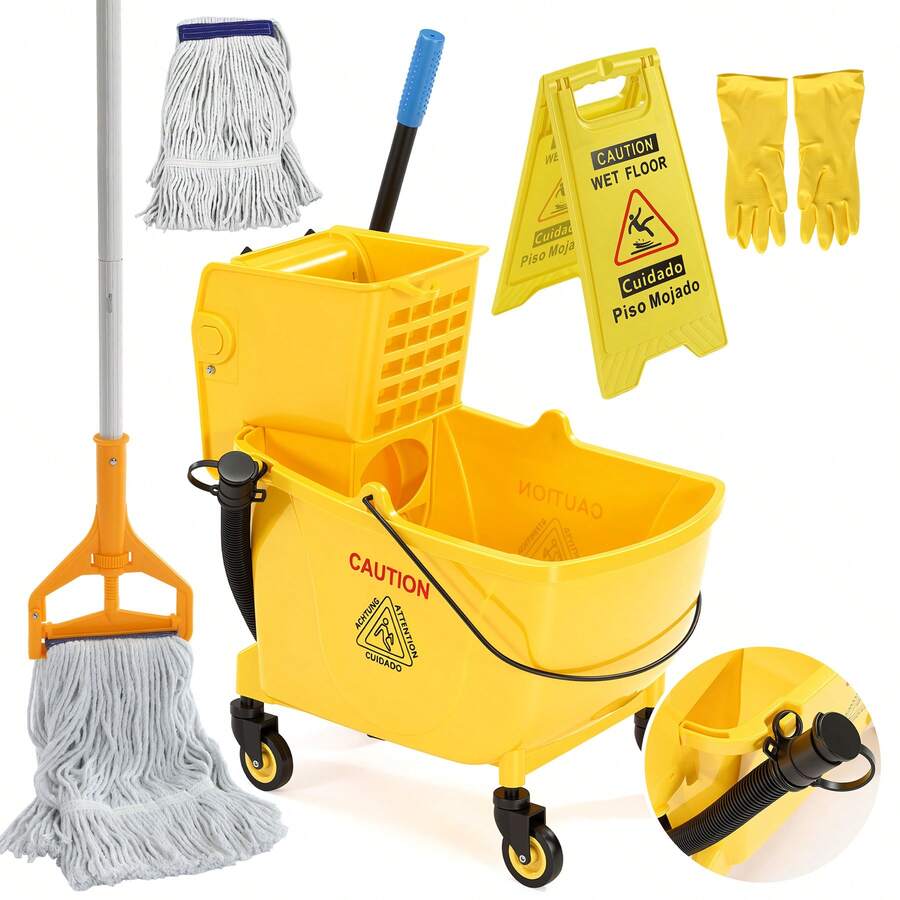 Tribesigns 38 Qt Commercial Mop Bucket With Side Press Wringer On Wheels, Including Wet Floor Caution Sign, 1 Heavy Duty Industrial Mop, 1 Mop Head Replacement And A Pair Of Gloves - Mops & Bucket Sets - 查看 1