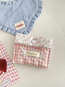 Un sac de rangement à carreaux roses et bleus frais et minimaliste à la mode avec motif floral, sac de serviettes hygiéniques portable de haute qualité, convient aux étudiants pour les sorties - Multicolore - Voir 5