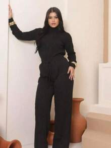 Women's Woolen Set - Pants And Turtleneck Top - Winter - Black - View 2