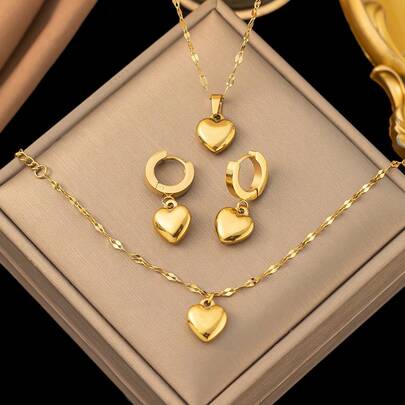 4 piezas Conjunto de joyería vintage de acero inoxidable con forma de corazón, que incluye collar, aretes y pulsera, diseño elegante adecuado para uso diario o fiesta de mujeres, también un regalo ideal para el Día de la Madre y San Valentín (se puede vender por separado) (Nota: Debido a diferentes lotes de producción, puede haber algunas diferencias de color; además, debido a la influencia de la iluminación y los ángulos de disparo, puede haber ligeras diferencias de color entre el producto real y la imagen.)