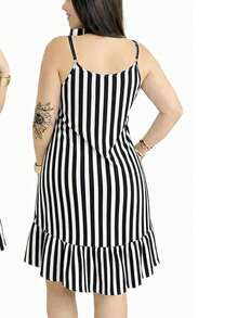 Women's Short Dress, Conservative/Modest, Fabric, Hem With Ruffle, Vacation Dress, Home Dress - 黑色條紋 - 查看 3