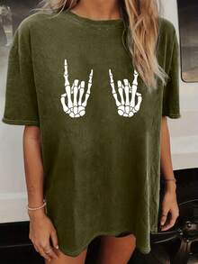 Lightweight Cotton Skull Print Round Neck-Shirt, Casual Loose Short Sleeve Fashion Summer-Shirt Top, Women's Clothing Suitable Summer - trắng - Xem 7