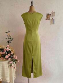 Đầm satin màu xanh ô liu mùa hè dành cho nữ, đầm midi xẻ tà cạp cao thắt nút thanh lịch, đầm dự tiệc cocktail trang trọng. - Màu xanh Ô liu - Xem 5