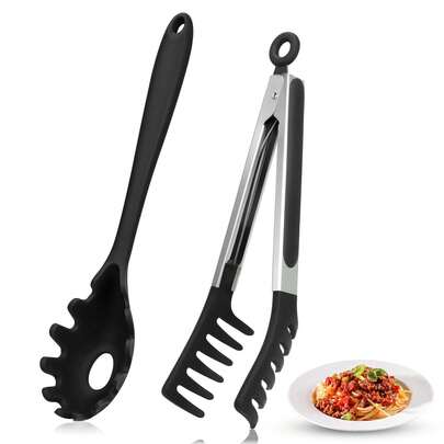 1/2 pezzi Set di cucchiaio per spaghetti e pinze in silicone aggiornato - Forchetta per pasta robusta con denti, cucchiaio per noodle e molletta multifunzione per cucinare e servire