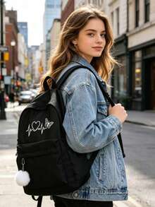 Ba lô nữ màu đen bằng nylon, in hình trái tim và bướm, kèm móc khóa bông trang trí, balo đựng laptop kiểu dáng thường ngày dành cho sinh viên đại học. - Nhiều màu - Xem 8