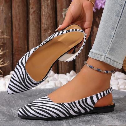女士时尚斑马纹麂皮尖头鞋，适合派对、办公、户外活动、春夏秋季穿着。