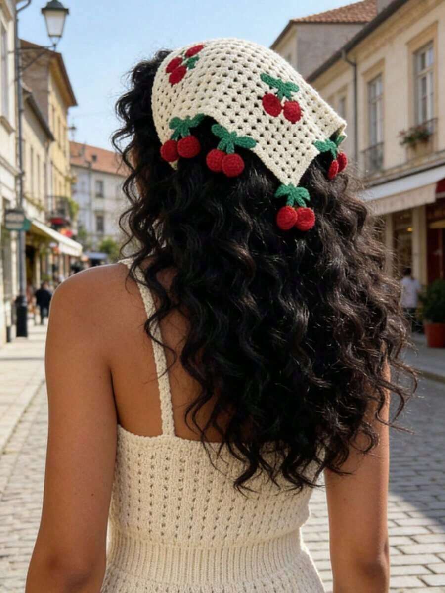 Party Hair Accessories1pc Fashionable Sweet Cute Bandana Beige Hollow Knit Cherry Print Triangular Scarf Summer Hair Accessories Beach Hair Band Vacation Headband - Nhiều màu - Xem 1