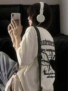 Women's King's Day Spider & Bat Anime Graphic T-Shirt In Thick Cotton, Gothic Print On The Back, Loose Fit, Casual Streetwear Style, Black Contrast, Summer - 白色 - 查看 5