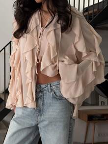 Look Polly 女士 Y2K 风格系带荷叶边喇叭袖雪纺衬衫，露脐休闲度假衬衫 - 杏色 - 查看 2