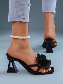 2026 New Summer Sweet Floral Square Toe High Heel Sandals, Fashionable Elegant Versatile For Dates, Shopping, Outdoor Wear - Black - View 3